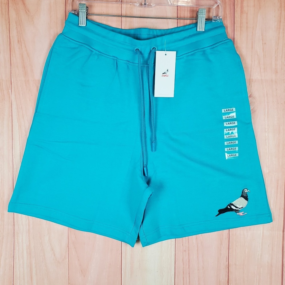 Staple Sweat Shorts Mens L Teal Blue French Terry Lined Cotton Embroidery Pigeon